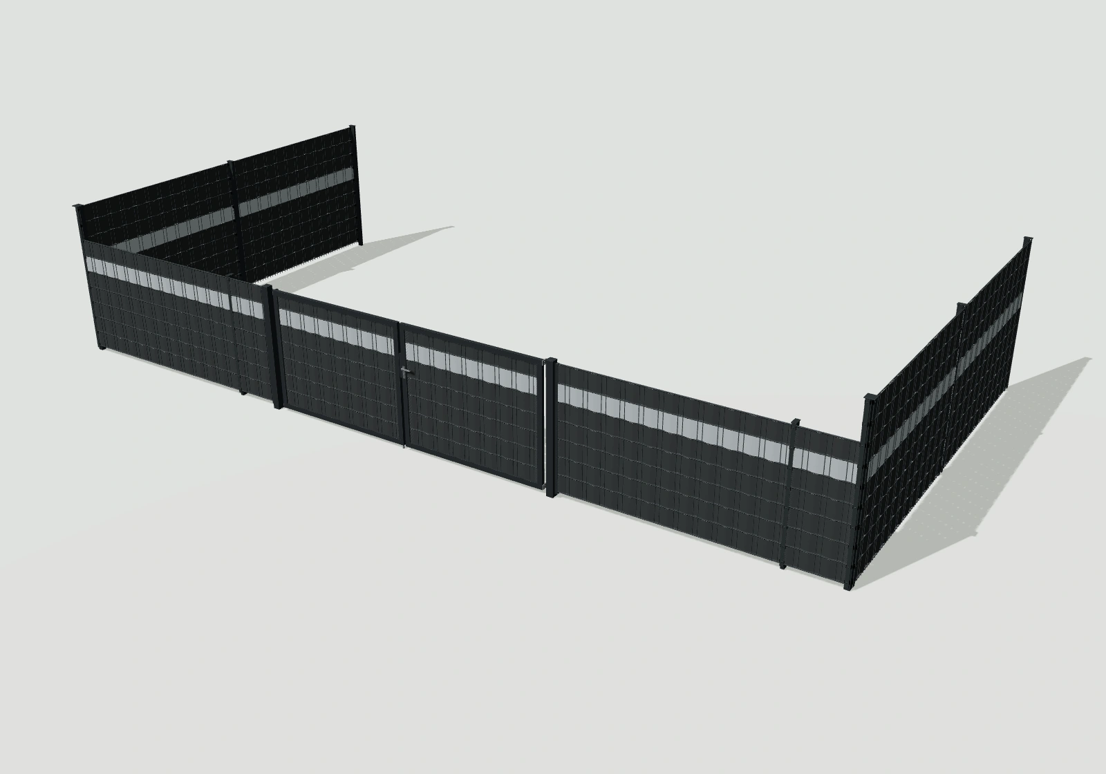 3D-Zaunplanung: anthrazitfarbener Doppelstabmattenzaun mit Doppeltor und Sichtschutz mit heller Akzentreihe