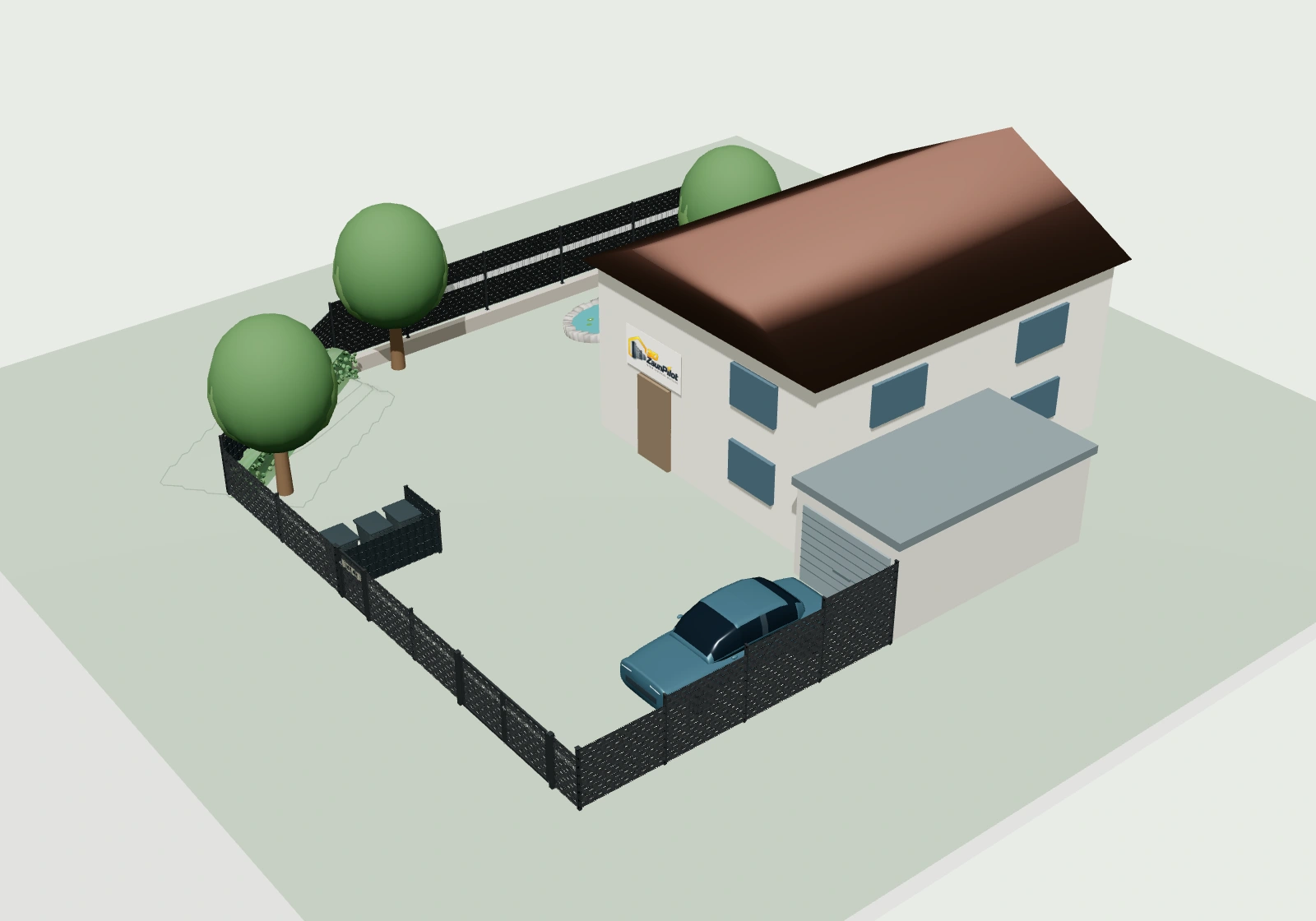 Beispielplanung mit Haus, Garage und Garten, anthrazitfarbenem Zaun, Doppeltor und Gartentor, Sichtschutz mit Laserdekor und Mauersockeln.